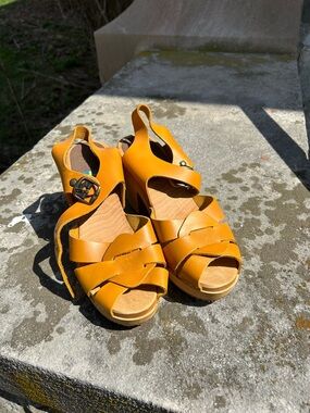 MIA Mustard Yellow Leather Wedge Sandals